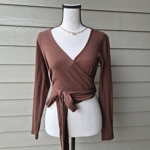 Zara Brown Wrap Top Womens Medium Balletcore Ribbed Clean Girl Minimalist Y2K